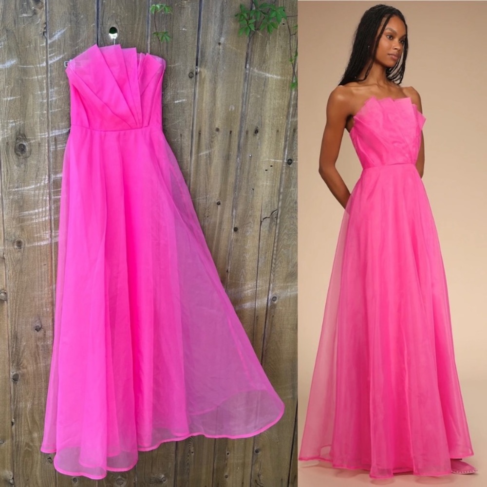 Lulu’s Hot Pink Strapless Tulip Organza Maxi Dress Size Small 🌿